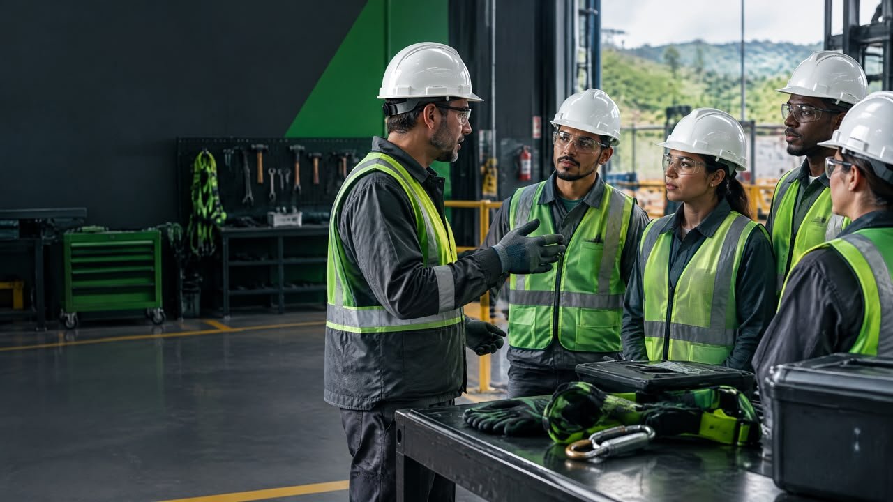 Equipe recebendo briefing de segurança com EPIs